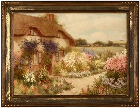 The cottage with the blue creeper, an Old English house near Aylesbury, bucks signed lower left: William Affleck, signed again and titled verso, watercolor on paper under glass, 12'' x 16.75''.