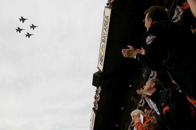 SAN FRANCISCO - OCTOBER 27: A giant American flag is displayed on the field as jets perform a fly over before Game One of the 2010 MLB World Series against the San Francisco Giants at AT&T Park on October 27, 2010 in San Francisco, California...