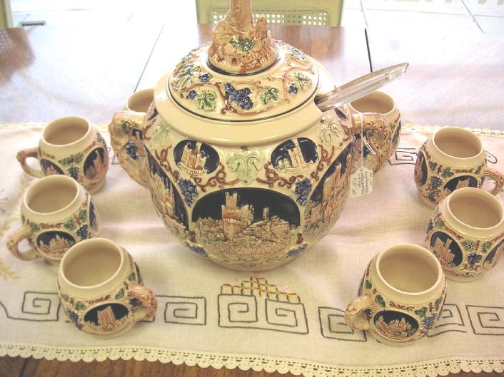 Vintage Gerz German Castle 10pc Punch Bowl Set Stoneware.