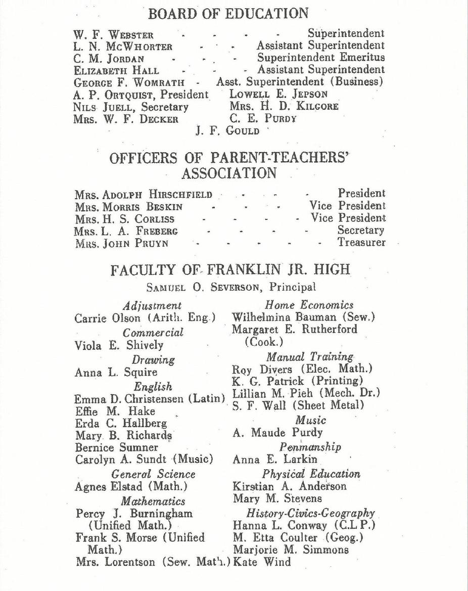 Franklin Junior High School Souvenir Booklet of the opening of the New Addition April 2nd, 1925